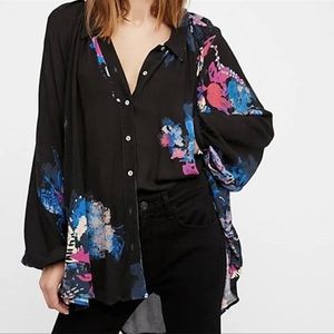 Free People Meadow Lark Blouse Button Front Pink Blue Black Size Large NWT